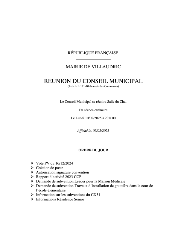 Ordre du jour du 10/02/2025