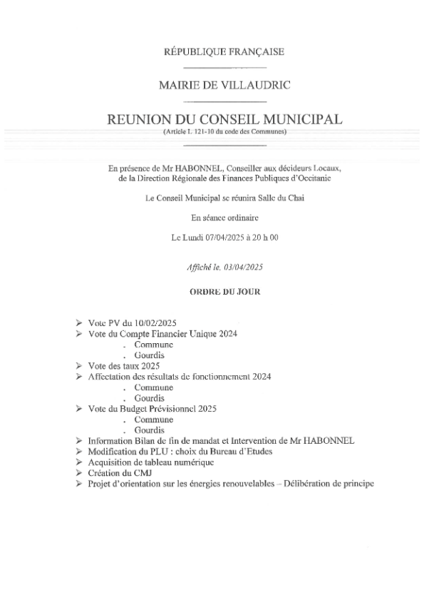 Ordre du jour du 07/04/2025