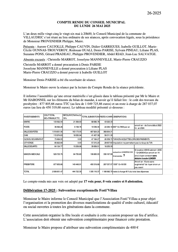 Conseil municipal du 26 mai 2025