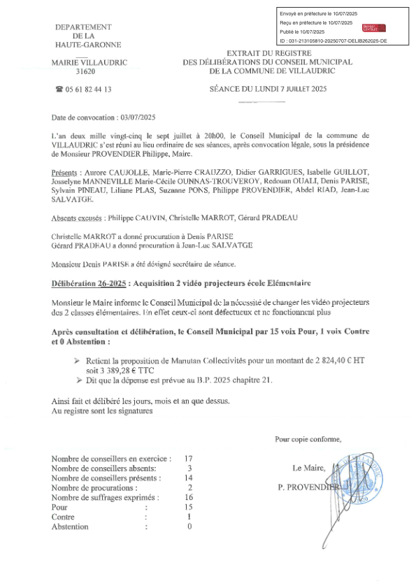 DELIB262025 ACQUISITION 2 VIDEO PROJECTEUR ECOLE PRIMAIRE