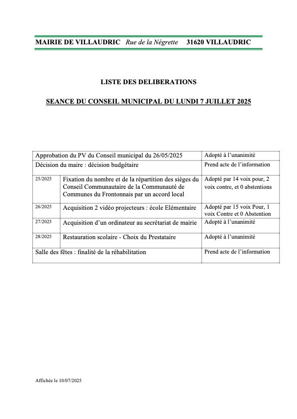 Liste des délibérations du Conseil municipal du 07/07/2025