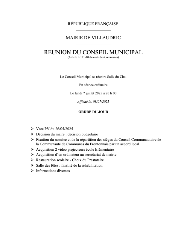 Ordre du jour du 07/07/2025