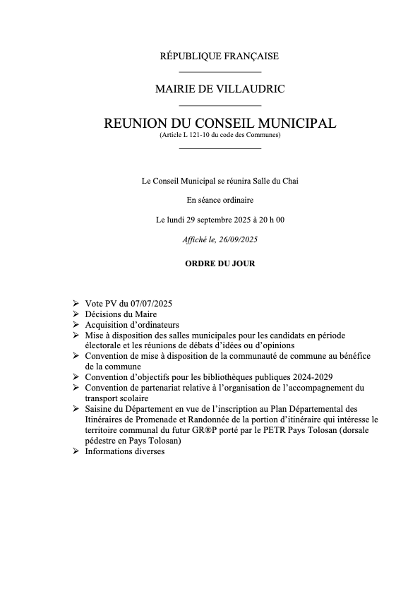 Ordre du jour du 29/09/2025