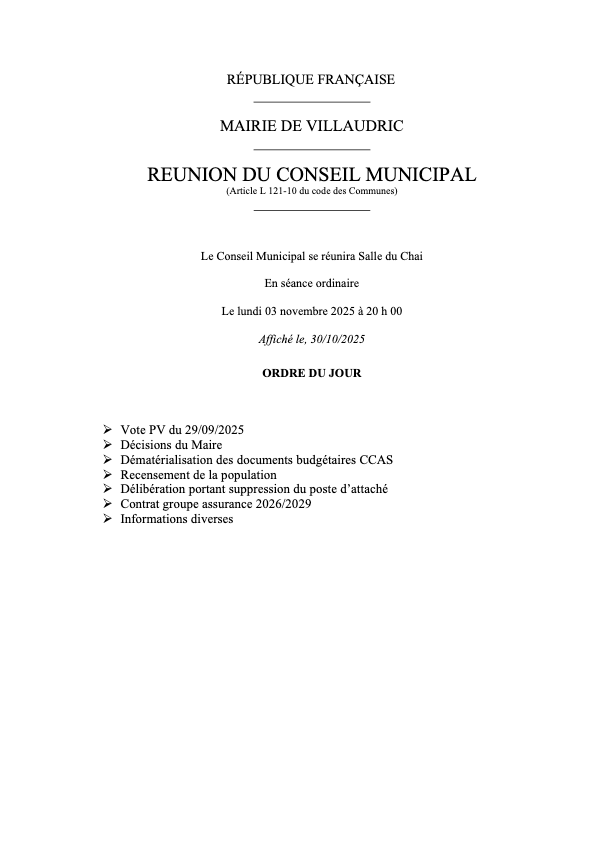 Ordre du jour du 03/11/2025