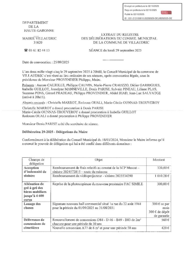 DELIB292025 DELEGATIONS DU MAIRE