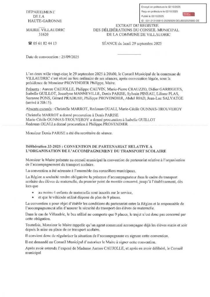 DELIB332025 CONVENTION DE PARTENARIAT RELATIVE A L'ORGANISATION ACCOMPAGNEMENT TRANSPORT SCOLAIRE