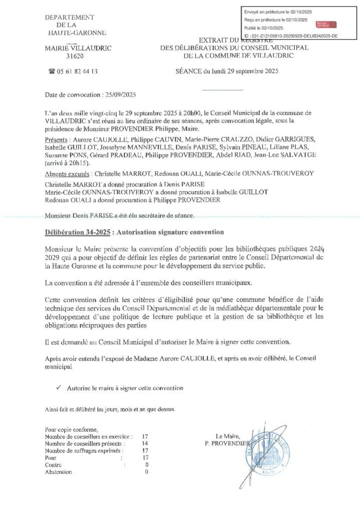 DELIB342025 AUTORISATION SIGNATURE CONVENTION D'OBEJECTIFS POUR LES BIBILOTHEQUES 2024 2029