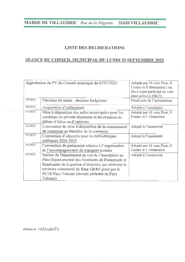 Liste des délibérations du Conseil municipal du 29/09/2025