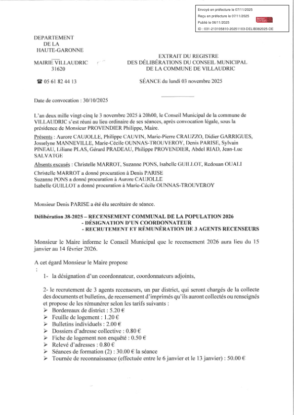 Délibération 38-2025 - recensement communal