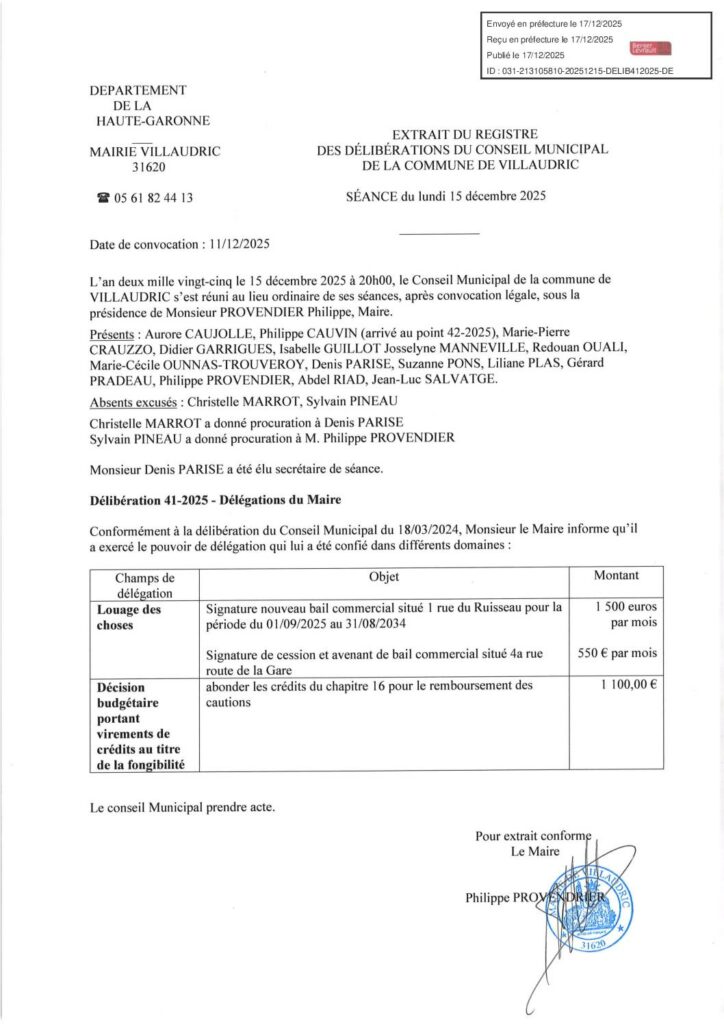 DELIB41 2025 DELEGATION MAIRE VISE PREF