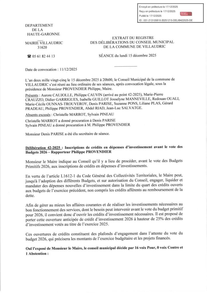 DELIB42 2025 INSCRIPTION BUDGETAIRE AVANT VOTE BUDGET 2026 VISE PREF