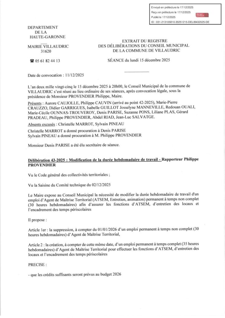 DELIB43 2025 MODIFICATION DUREE HEBDO TRAVAIL VISE PREF