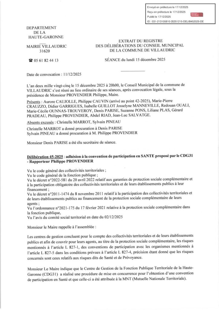 DELIB45 2025 CONVENTION DE PARTICIPATION SANTE EMPLOYEUR VISE PREF