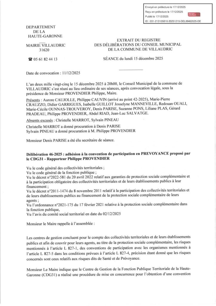 DELIB46 2025 CONVENTION DE PARTICIPATION PREVOYANCE EMPLOYEUR VISE PREF