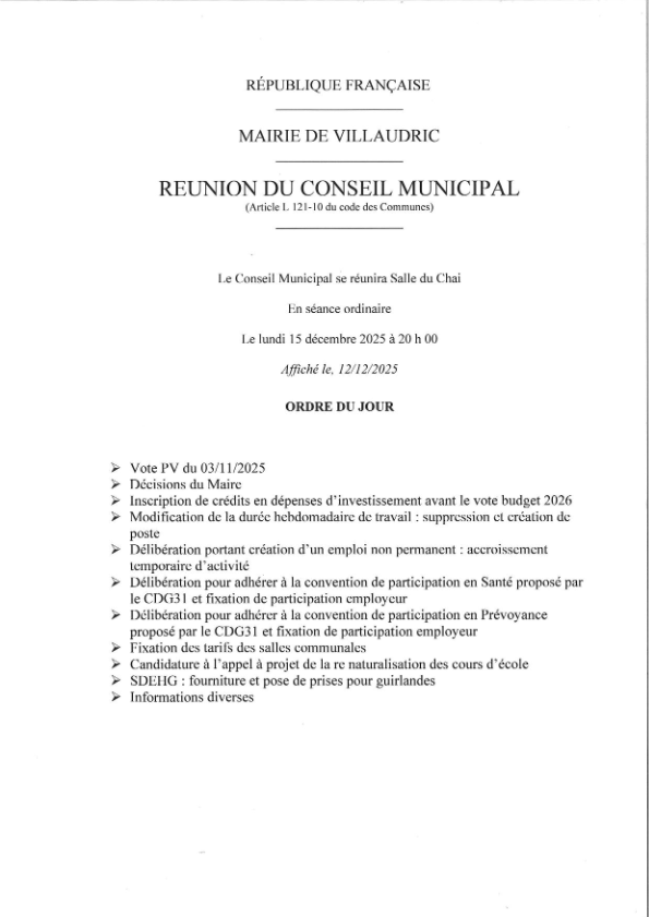 Ordre du jour du 15/12/2025